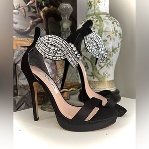 Nina Black Crystal-Embellished Ankle Strap Stiletto Heels